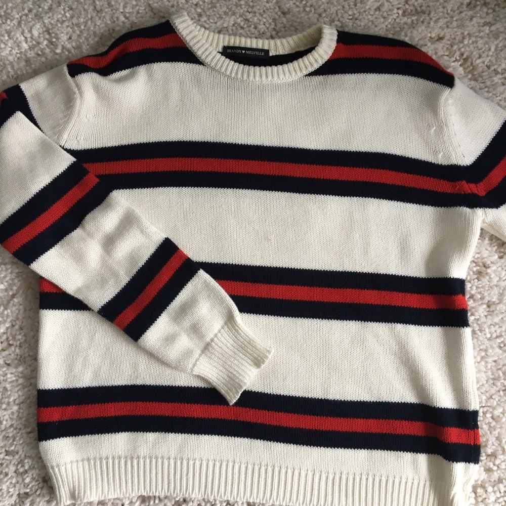 Brandy Melville Blue and Red Striped White Sweater